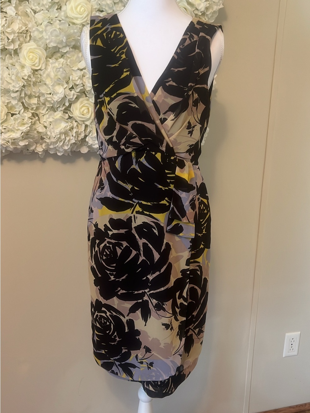 Banana Republic Black and Yellow-Accent Floral Wrap Midi Dress